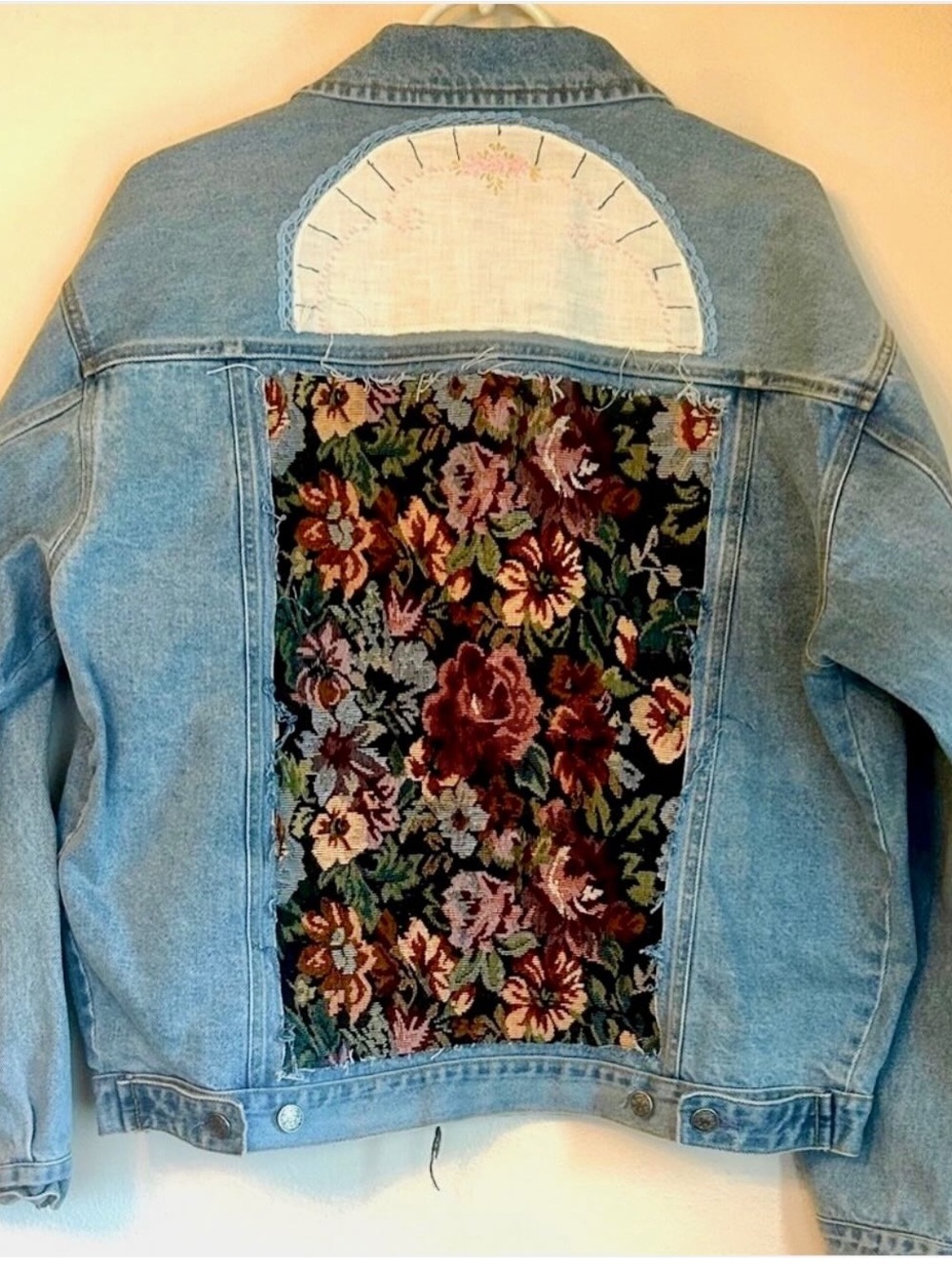 Upcycled vintage embroidery lace doily tapestry patched denim jean jacket - Picture 2 of 9